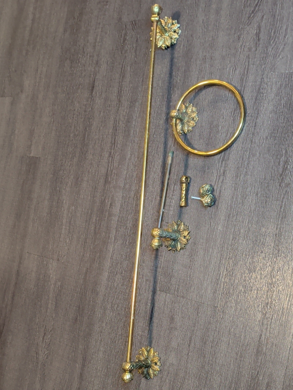 Antique 1890s Victorian Brass Towel Bar Bathroom Hardware Rose Bud Set 5pc